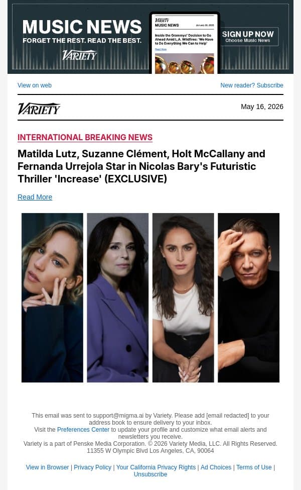 Matilda Lutz, Suzanne Clément, Holt McCallany and Fernanda Urrejola Star in Nicolas Bary's Futuristic Thriller 'Increase' (EXCLUSIVE) email from Variety screenshot