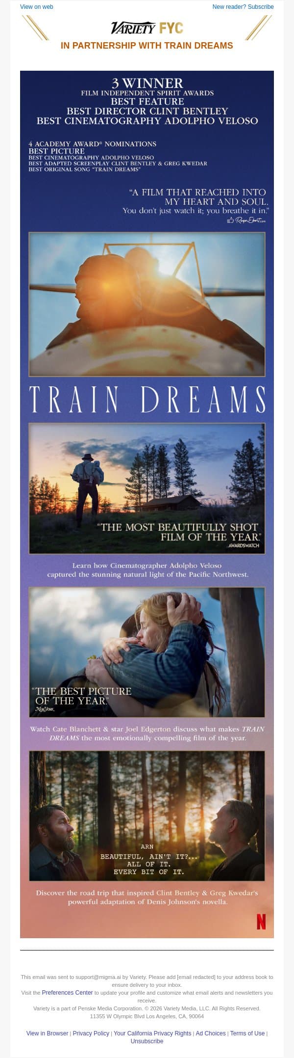Train Dreams is the “Most Beautifully Shot Film of the Year” | Best Cinematography Winner - Indie Spirits, Critics Choice, LAFCA email from Variety screenshot