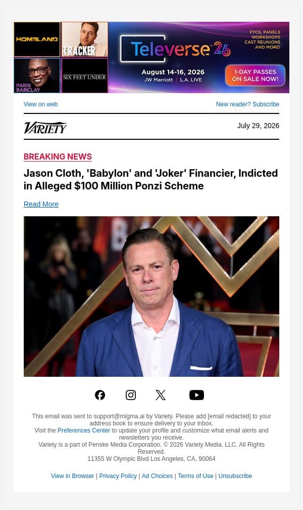 Jason Cloth, 'Babylon' and 'Joker' Financier, Indicted in Alleged $100 Million Ponzi Scheme email from Variety screenshot