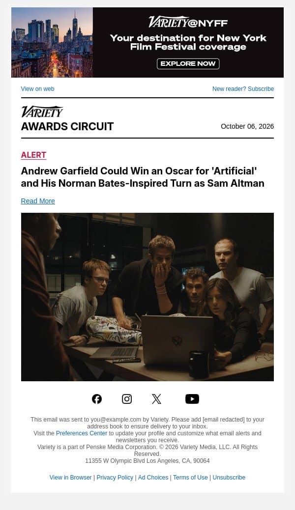 Andrew Garfield Could Win an Oscar for 'Artificial' and His Norman Bates-Inspired Turn as Sam Altman email from Variety screenshot