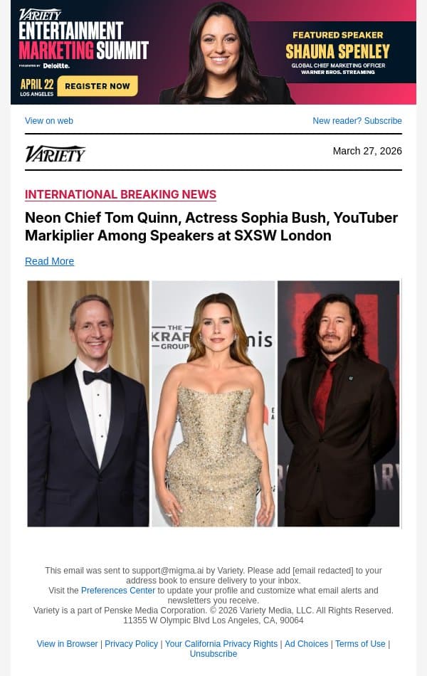 Neon Chief Tom Quinn, Actress Sophia Bush, YouTuber Markiplier Among Speakers at SXSW London email from Variety screenshot