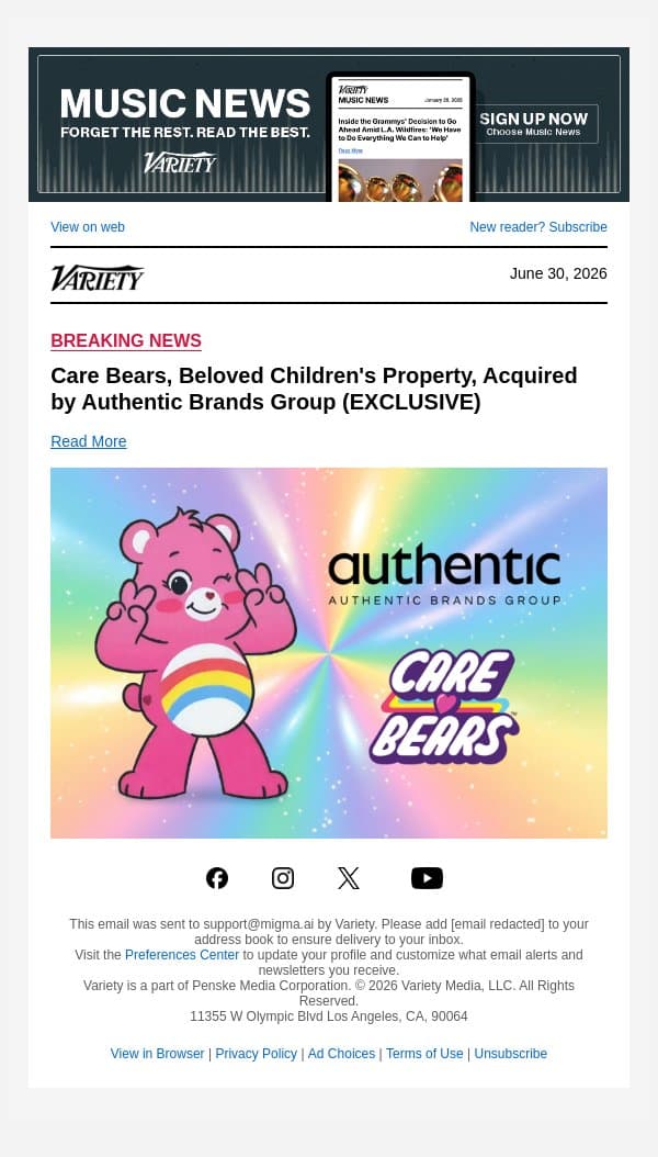 Care Bears, Beloved Children's Property, Acquired by Authentic Brands Group (EXCLUSIVE) email from Variety screenshot