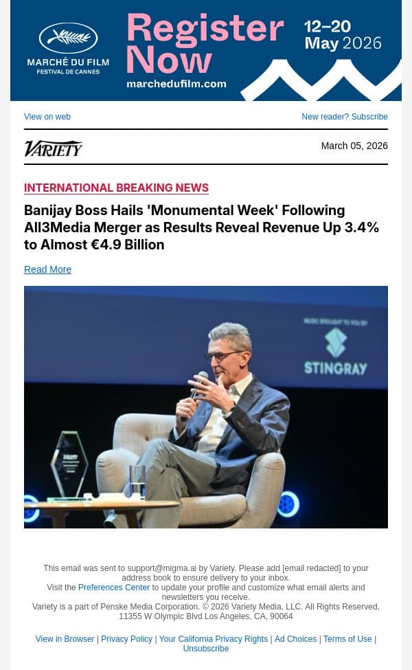Banijay Boss Hails 'Monumental Week' Following All3Media Merger as Results Reveal Revenue Up 3.4% to Almost €4.9 Billion email from Variety screenshot
