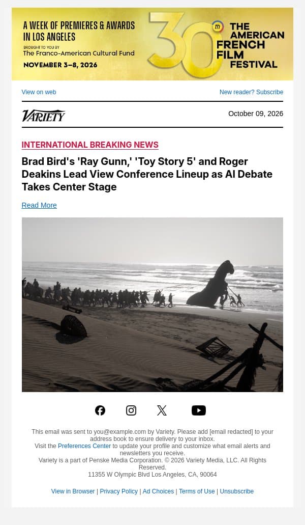 Brad Bird's 'Ray Gunn,' 'Toy Story 5' and Roger Deakins Lead View Conference Lineup as AI Debate Takes Center Stage email from Variety screenshot