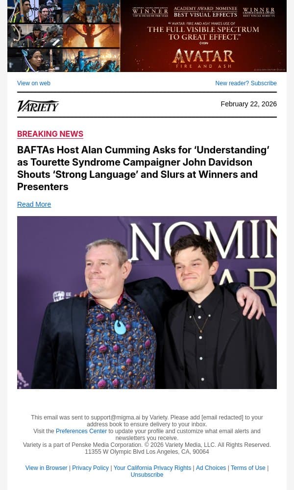 BAFTAs Host Alan Cumming Asks for ‘Understanding’ as Tourette Syndrome Campaigner John Davidson Shouts ‘Strong Language’ and Slurs at Winners and Presenters email from Variety screenshot
