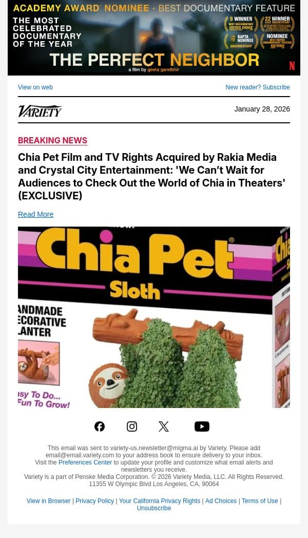 Chia Pet Film and TV Rights Acquired by Rakia Media and Crystal City Entertainment: 'We Can’t Wait for Audiences to Check Out the World of Chia in Theaters' (EXCLUSIVE) email from Variety screenshot