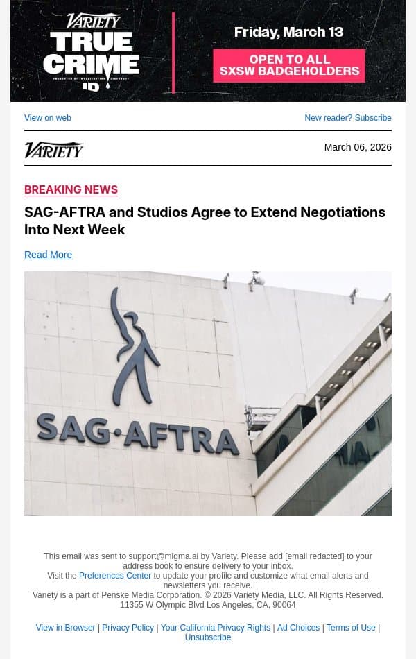 SAG-AFTRA and Studios Agree to Extend Negotiations Into Next Week email from Variety screenshot