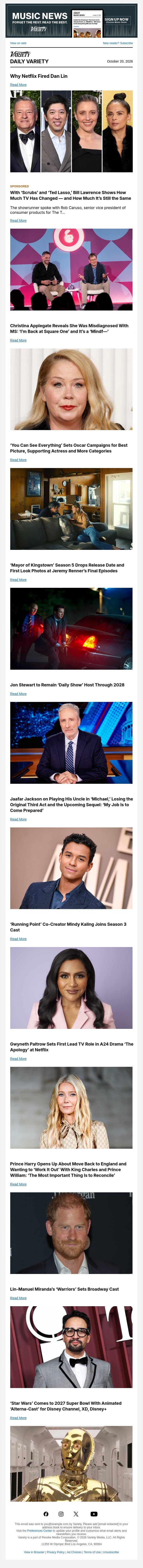 Why Netflix Fired Dan Lin; Christina Applegate Misdiagnosed With MS; 'You Can See Everything' Sets Oscar Campaigns email from Variety screenshot