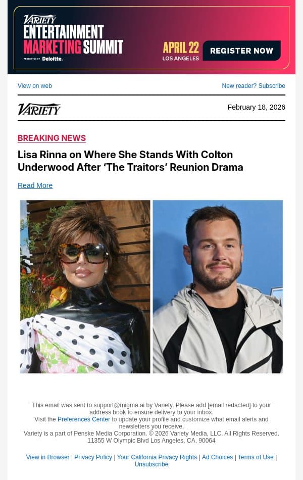 Lisa Rinna on Where She Stands With Colton Underwood After ‘The Traitors’ Reunion Drama email from Variety screenshot