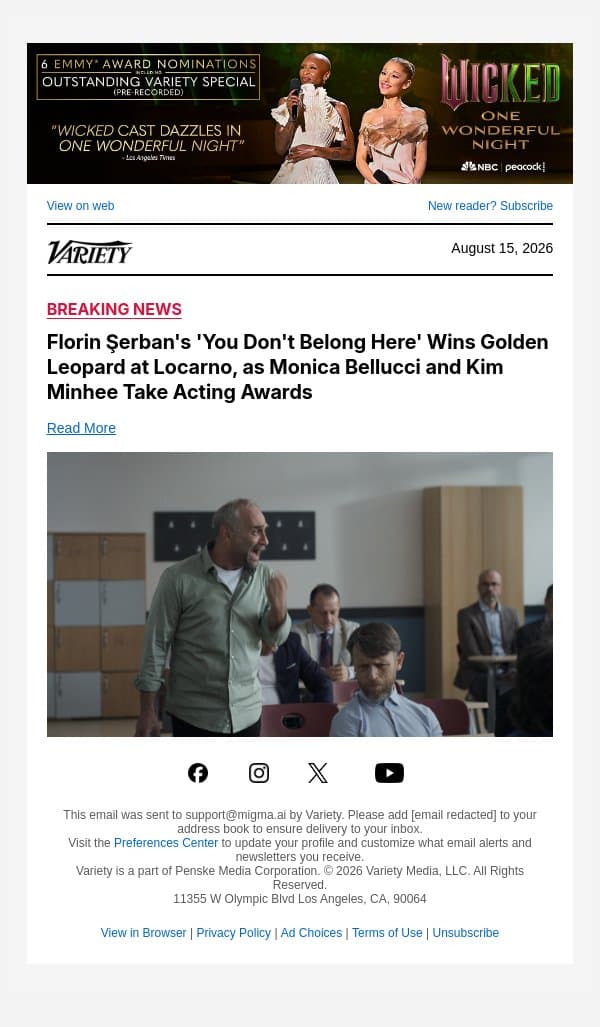 Florin Şerban's 'You Don't Belong Here' Wins Golden Leopard at Locarno, as Monica Bellucci and Kim Minhee Take Acting Awards email from Variety screenshot