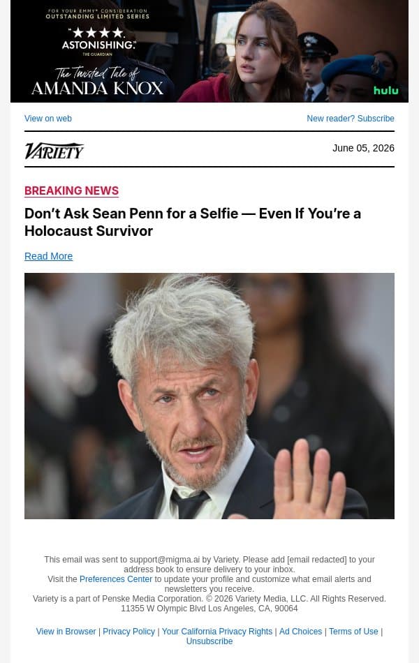Don’t Ask Sean Penn for a Selfie — Even If You’re a Holocaust Survivor email from Variety screenshot