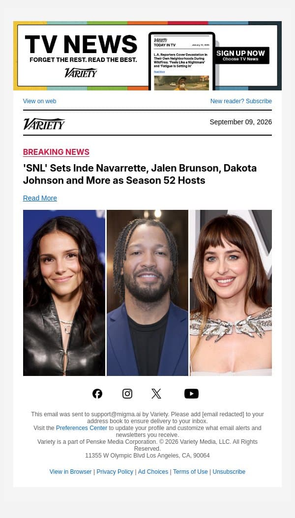 'SNL' Sets Inde Navarrette, Jalen Brunson, Dakota Johnson and More as Season 52 Hosts email from Variety screenshot