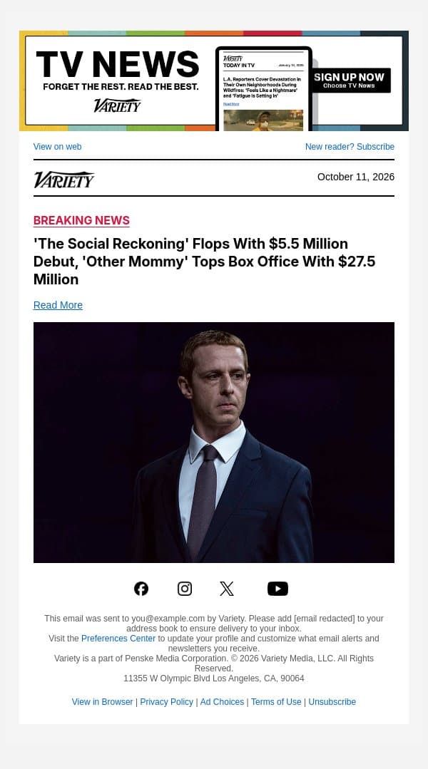 'The Social Reckoning' Flops With $5.5 Million Debut, 'Other Mommy' Tops Box Office With $27.5 Million email from Variety screenshot