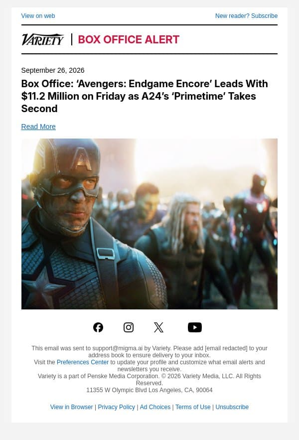 Box Office: ‘Avengers: Endgame Encore’ Leads With $11.2 Million on Friday as A24’s ‘Primetime’ Takes Second email from Variety screenshot