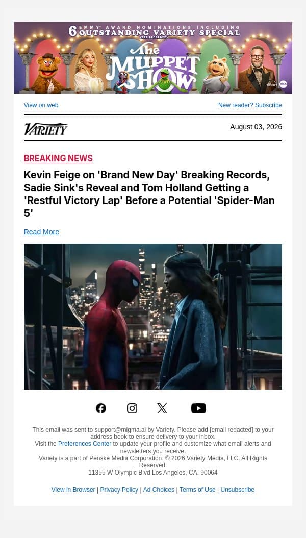 Kevin Feige on 'Brand New Day' Breaking Records, Sadie Sink's Reveal and Tom Holland Getting a 'Restful Victory Lap' Before a Potential 'Spider-Man 5' email from Variety screenshot