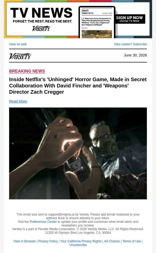 Inside Netflix's 'Unhinged' Horror Game, Made in Secret Collaboration With David Fincher and 'Weapons' Director Zach Cregger email from Variety screenshot