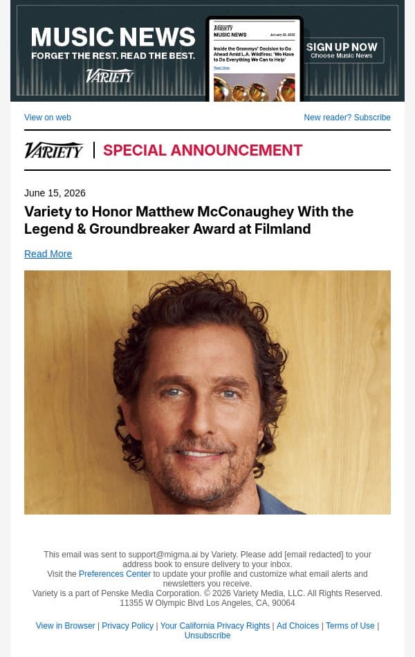 Variety to Honor Matthew McConaughey With the Legend and Groundbreaker Award at Filmland email from Variety screenshot