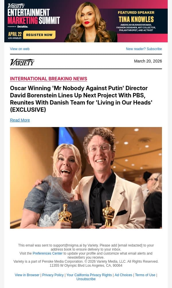 Oscar Winning 'Mr Nobody Against Putin' Director David Borenstein Lines Up Next Project With PBS, Reunites With Danish Team for 'Living in Our Heads' (EXCLUSIVE) email from Variety screenshot