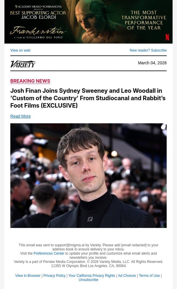 Josh Finan Joins Sydney Sweeney and Leo Woodall in 'Custom of the Country' From Studiocanal and Rabbit’s Foot Films (EXCLUSIVE) email from Variety screenshot