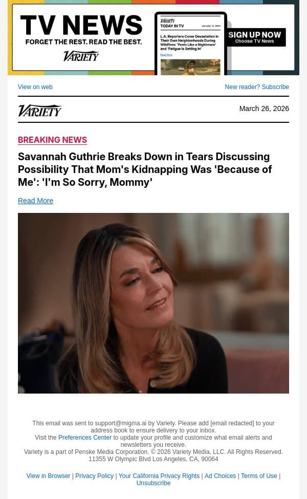 Savannah Guthrie Breaks Down in Tears Discussing Possibility That Mom's Kidnapping Was 'Because of Me': 'I'm So Sorry, Mommy' email from Variety screenshot