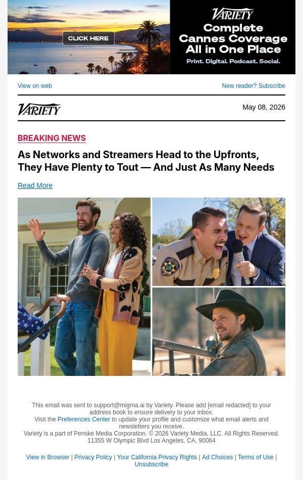 As Networks and Streamers Head to the Upfronts, They Have Plenty to Tout — And Just As Many Needs email from Variety screenshot
