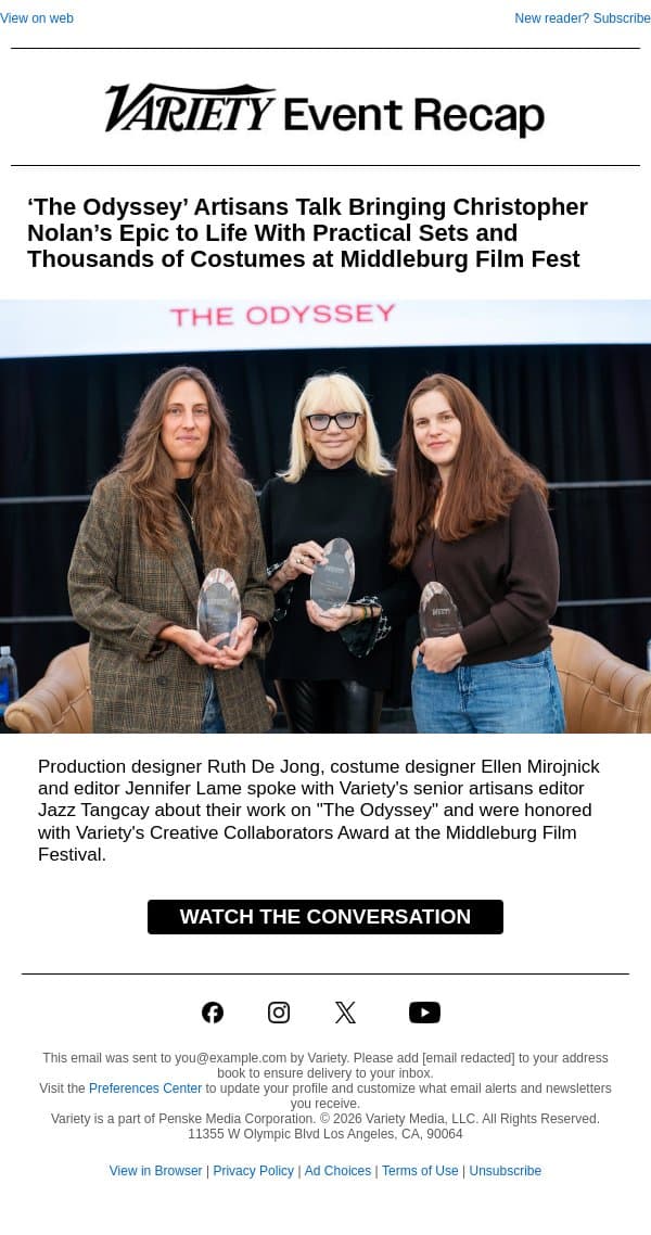 Watch the Conversation – ‘The Odyssey’ Artisans Talk Bringing Christopher Nolan’s Epic to Life at Middleburg Film Fest email from Variety screenshot