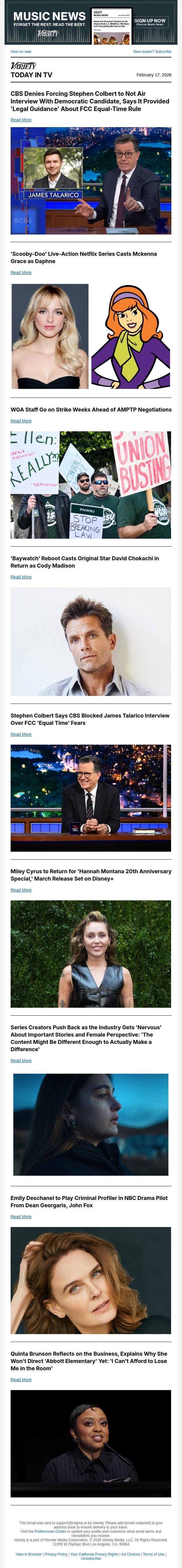 CBS Denies Colbert Censorship; Netflix's 'Scooby-Doo' Casts Daphne; WGA Staff Strike email from Variety screenshot