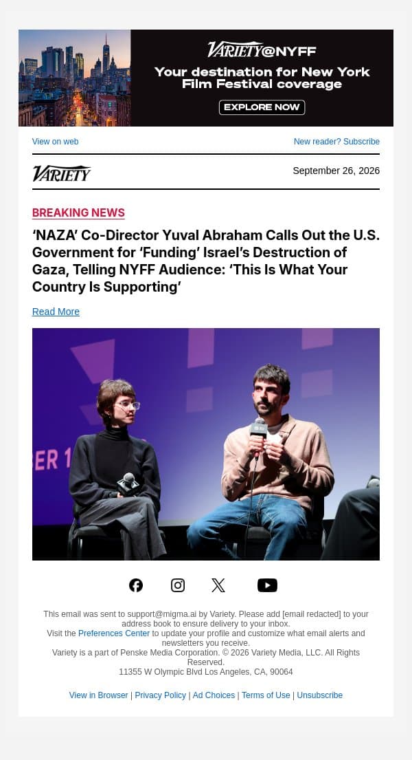 ‘NAZA’ Co-Director Yuval Abraham Calls Out the U.S. Government for ‘Funding’ Israel’s Destruction of Gaza, Telling NYFF Audience: ‘This Is What Your Country Is Supporting’ email from Variety screenshot