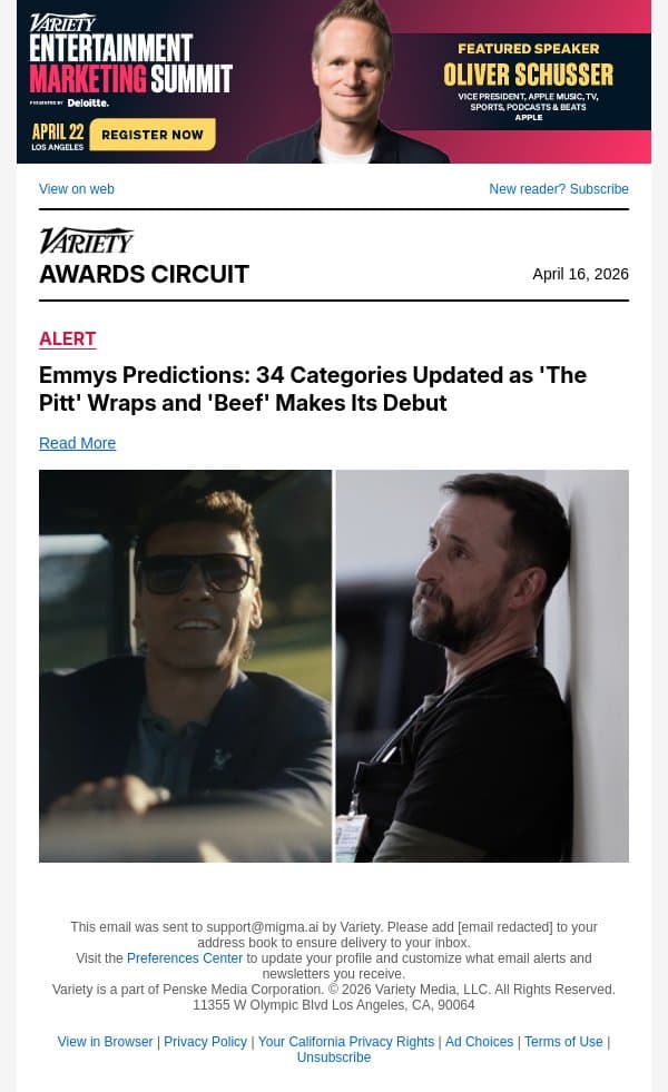Emmys Predictions: 34 Categories Updated as 'The Pitt' Wraps and 'Beef' Makes Its Debut email from Variety screenshot