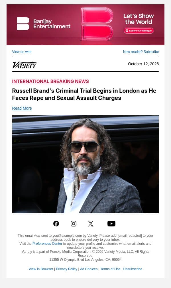 Russell Brand's Criminal Trial Begins in London as He Faces Rape and Sexual Assault Charges email from Variety screenshot