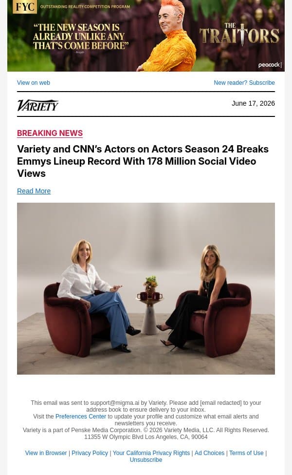 Variety and CNN’s Actors on Actors Season 24 Breaks Emmys Lineup Record With 178 Million Social Video Views email from Variety screenshot