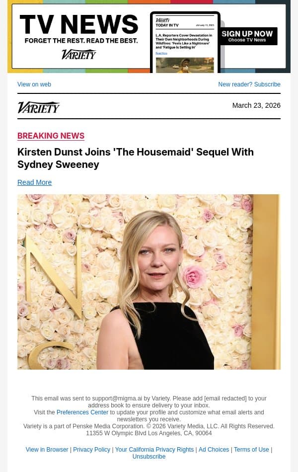 Kirsten Dunst Joins 'The Housemaid' Sequel With Sydney Sweeney email from Variety screenshot