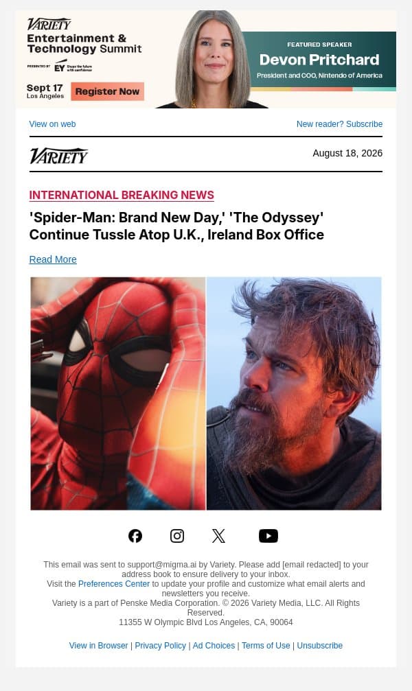 'Spider-Man: Brand New Day,' 'The Odyssey' Continue Tussle Atop U.K., Ireland Box Office email from Variety screenshot