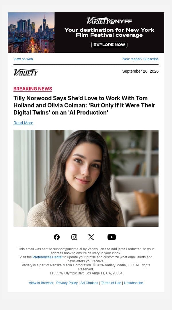 Tilly Norwood Says She’d Love to Work With Tom Holland and Olivia Colman: 'But Only If It Were Their Digital Twins' on an 'AI Production' email from Variety screenshot