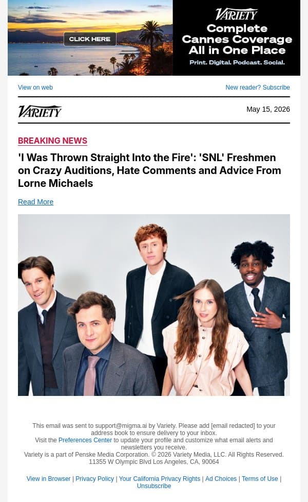 'I Was Thrown Straight Into the Fire': 'SNL' Freshmen on Crazy Auditions, Hate Comments and Advice From Lorne Michaels email from Variety screenshot
