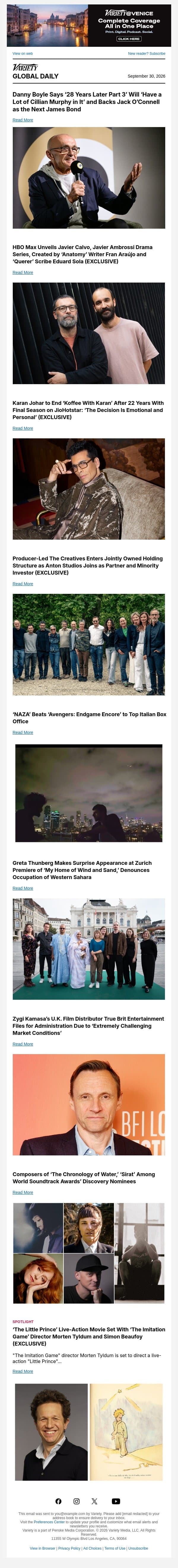 Danny Boyle at Zurich; Los Javis' New HBO Max Show; 'Koffee With Karan' Ending email from Variety screenshot
