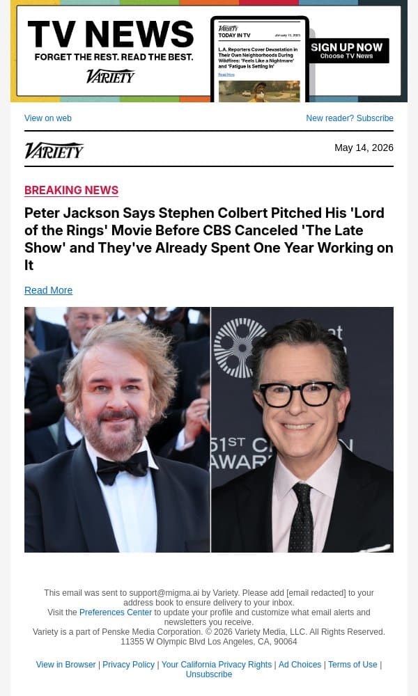 Peter Jackson Says Stephen Colbert Pitched His 'Lord of the Rings' Movie Before CBS Canceled 'The Late Show' and They've Already Spent One Year Working on It email from Variety screenshot