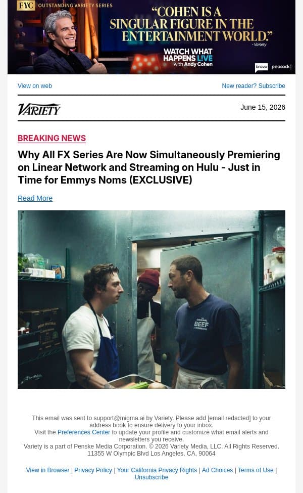Why All FX Series Are Now Simultaneously Premiering on Linear Network and Streaming on Hulu - Just in Time for Emmys Noms (EXCLUSIVE) email from Variety screenshot