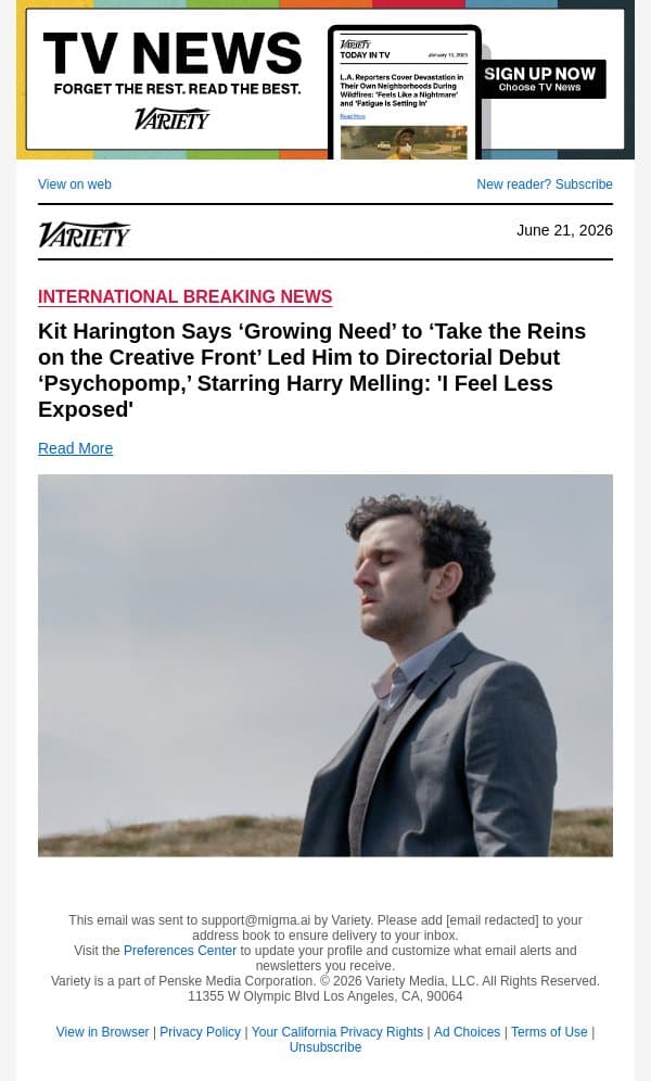 Kit Harington Says ‘Growing Need’ to ‘Take the Reins on the Creative Front’ Led Him to Directorial Debut ‘Psychopomp,’ Starring Harry Melling: 'I Feel Less Exposed' email from Variety screenshot