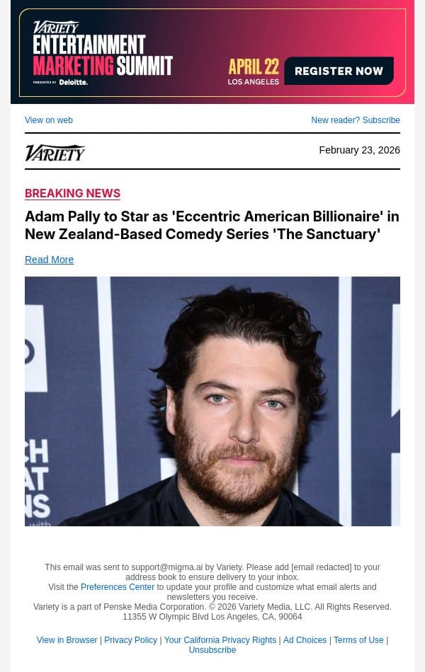 Adam Pally to Star as 'Eccentric American Billionaire' in New Zealand-Based Comedy Series 'The Sanctuary' email from Variety screenshot