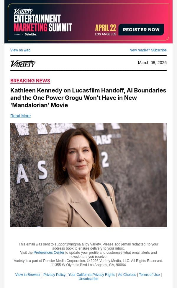 Kathleen Kennedy on Lucasfilm Handoff, AI Boundaries and the One Power Grogu Won't Have in New 'Mandalorian' Movie email from Variety screenshot