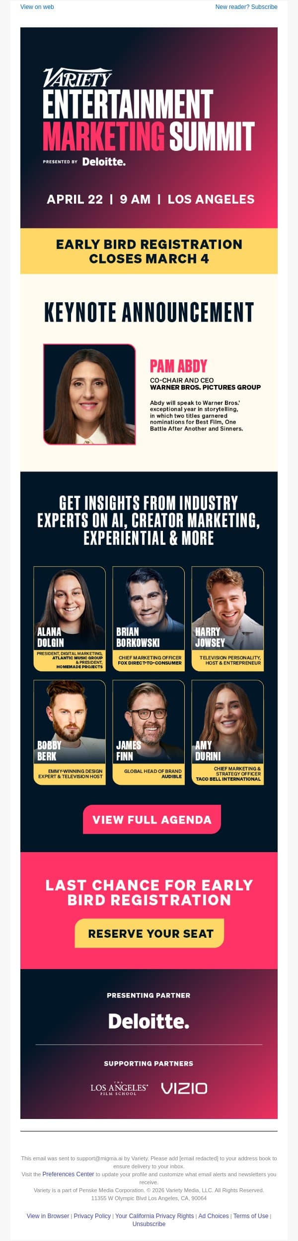 Last Chance for Early Bird Registration to Variety's Entertainment Marketing Summit email from Variety screenshot