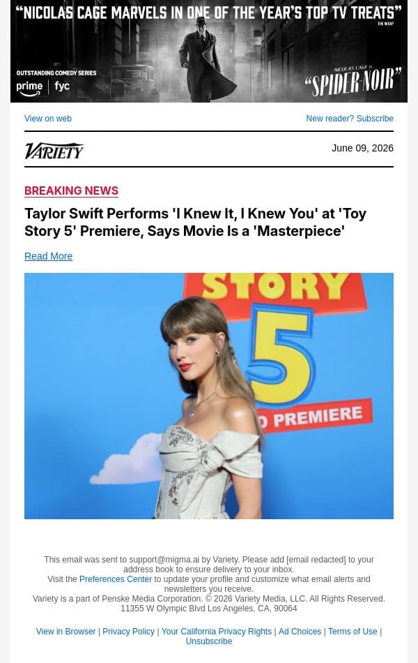 Taylor Swift Performs 'I Knew It, I Knew You' at 'Toy Story 5' Premiere, Says Movie Is a 'Masterpiece' email from Variety screenshot