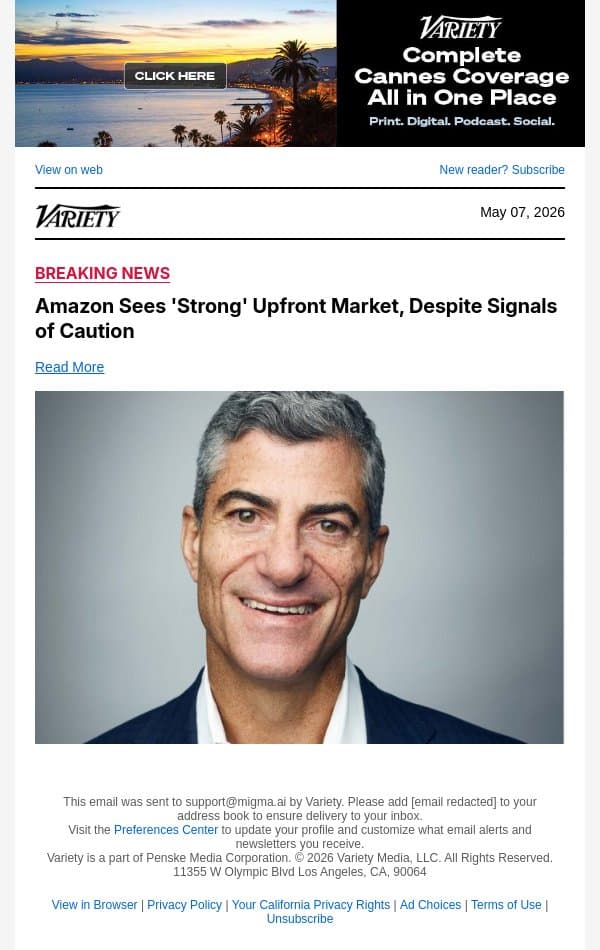 Amazon Sees 'Strong' Upfront Market, Despite Signals of Caution email from Variety screenshot