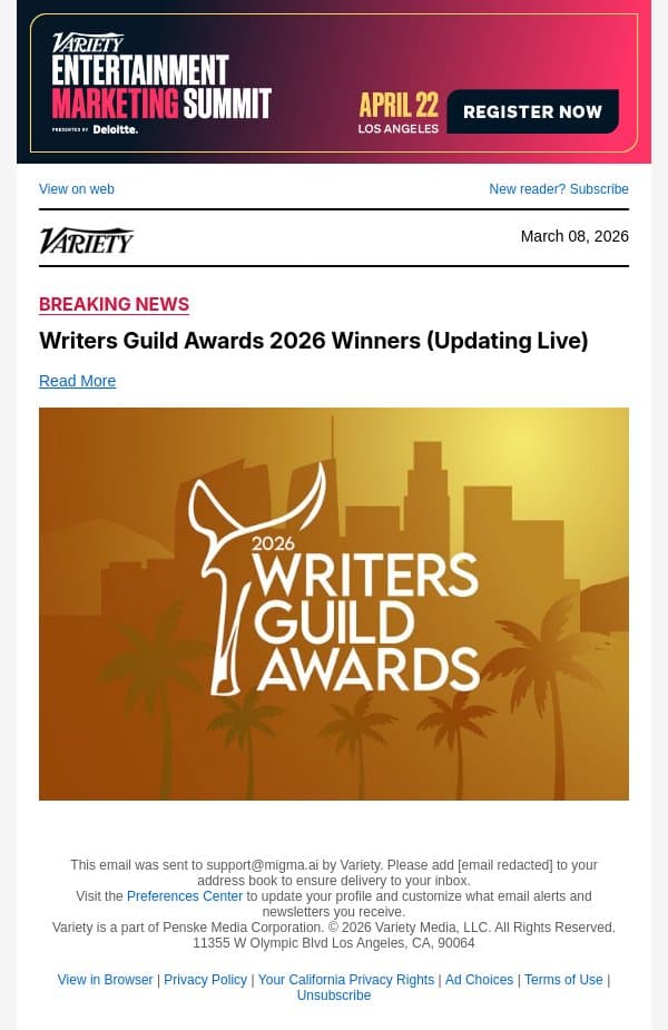 'One Battle After Another' Wins Best Adapted Screenplay at the Writers Guild Awards email from Variety screenshot