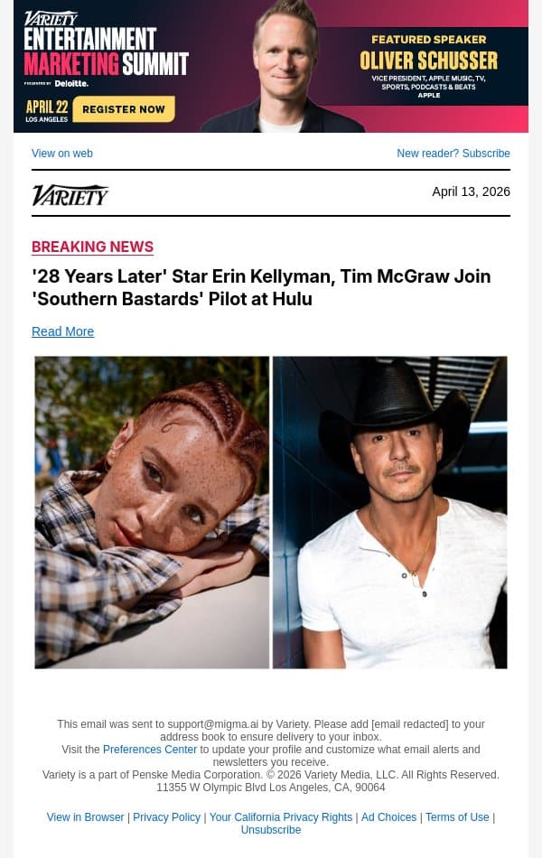 '28 Years Later' Star Erin Kellyman, Tim McGraw Join 'Southern Bastards' Pilot at Hulu email from Variety screenshot