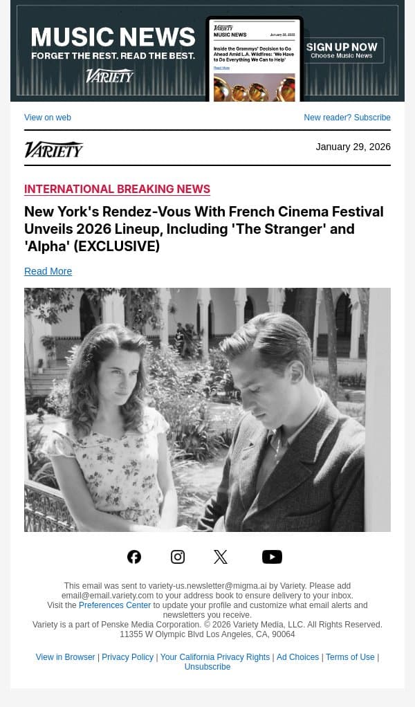 New York's Rendez-Vous With French Cinema Festival Unveils 2026 Lineup, Including 'The Stranger' and 'Alpha' (EXCLUSIVE) email from Variety screenshot