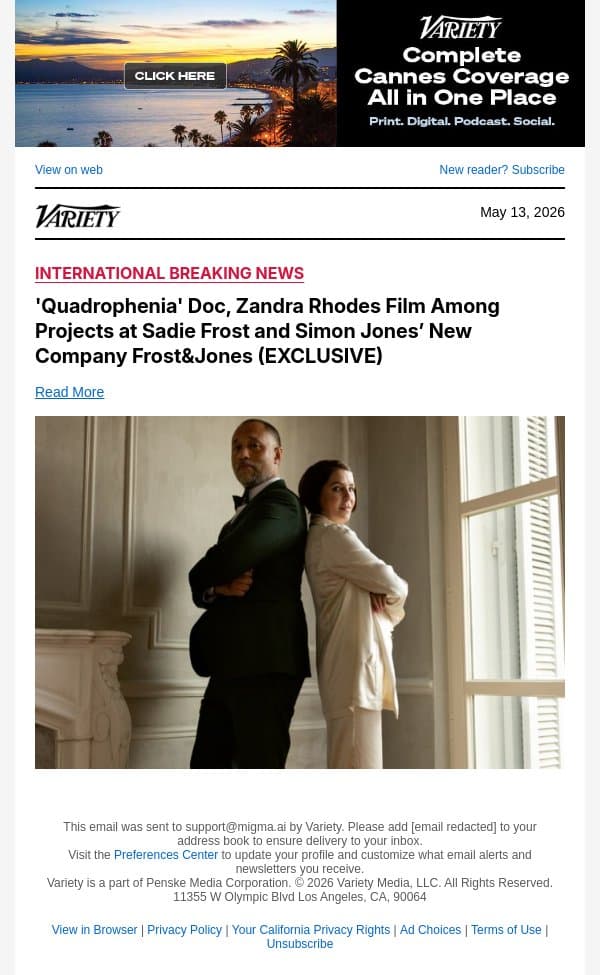 'Quadrophenia' Doc, Zandra Rhodes Film Among Projects at Sadie Frost and Simon Jones’ New Company Frost&Jones (EXCLUSIVE) email from Variety screenshot