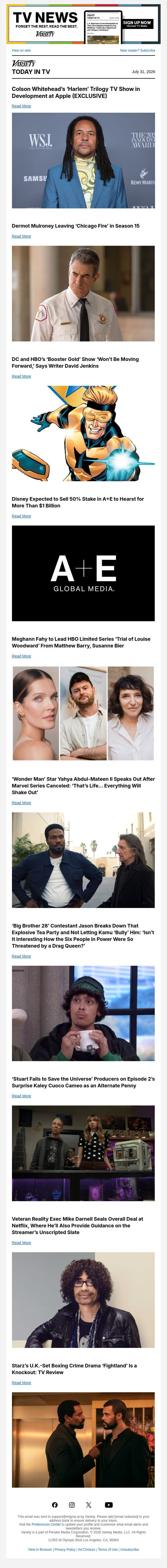 'Harlem' Trilogy in Development at Apple; Dermot Mulroney Leaving 'Chicago Fire'; 'Booster Gold' Not Moving Forward email from Variety screenshot