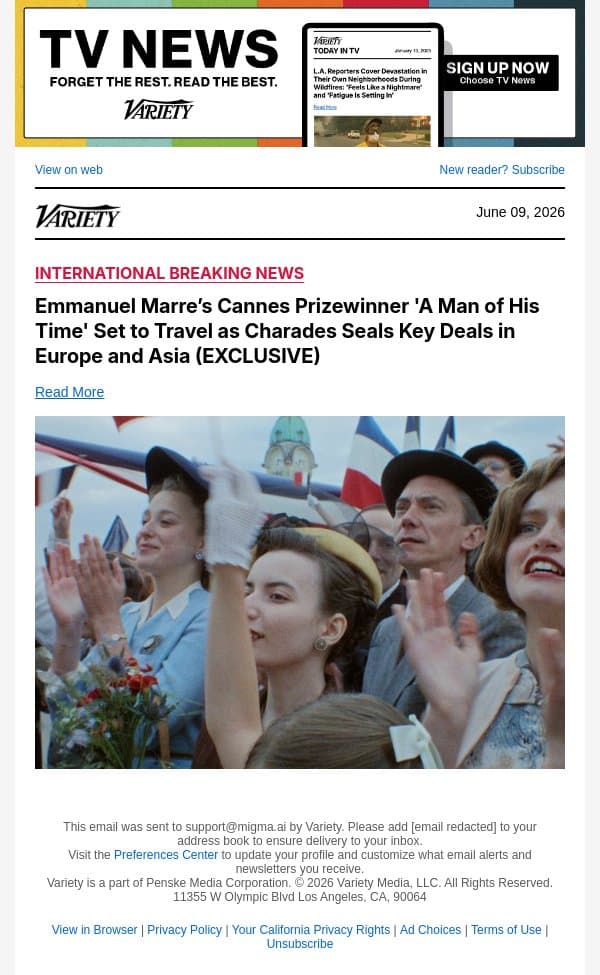 Emmanuel Marre’s Cannes Prizewinner 'A Man of His Time' Set to Travel as Charades Seals Key Deals in Europe and Asia (EXCLUSIVE) email from Variety screenshot